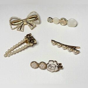 Set of 5 Gold Tone Faux Pearl Rhinestone Hair Clips Bow Bear Rose Design NWT